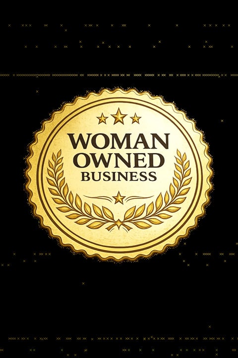 Gold badge seal with three stars and laurel wreath, text reads Woman Owned Business